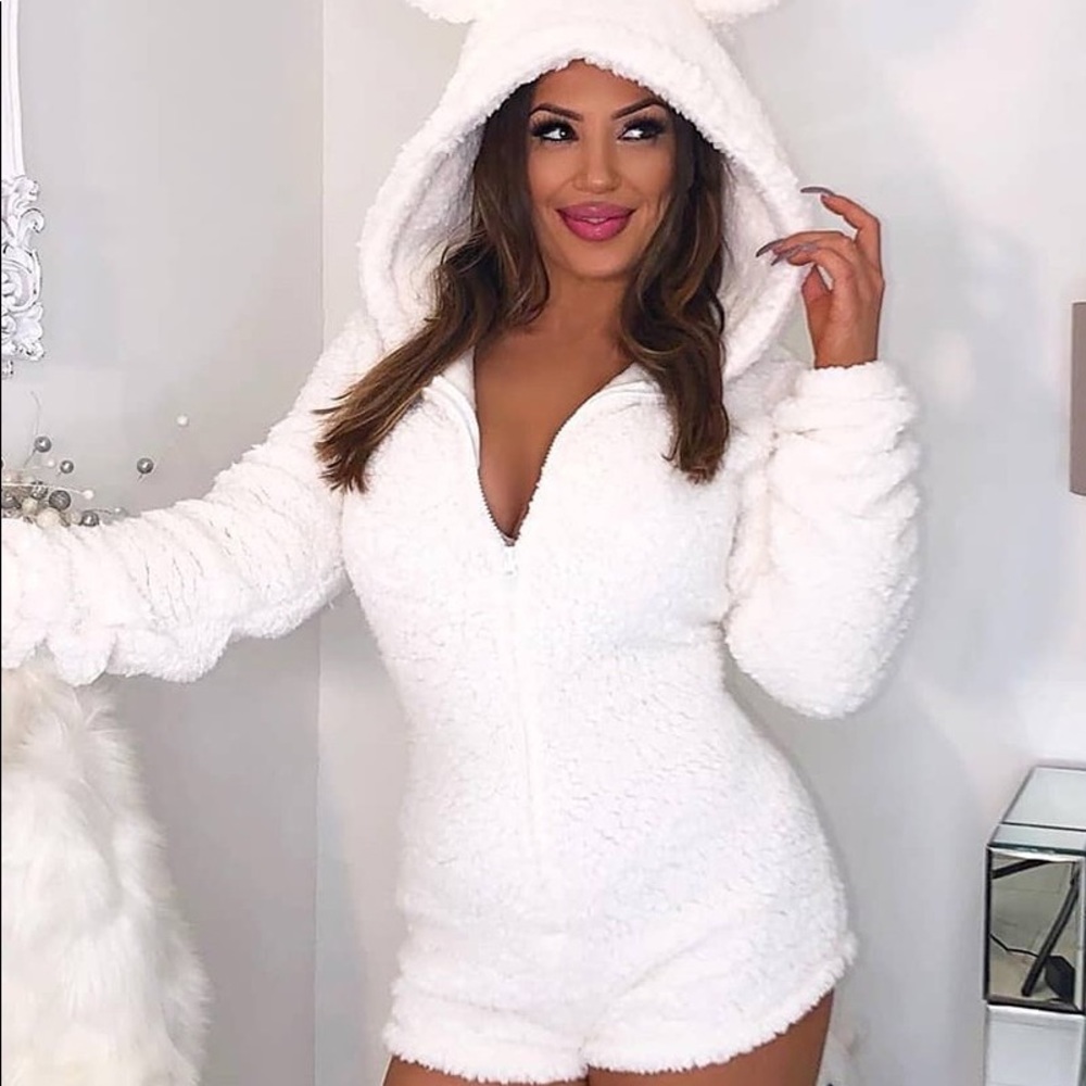 Fuzzy Bear Zipper Front Hooded Romper